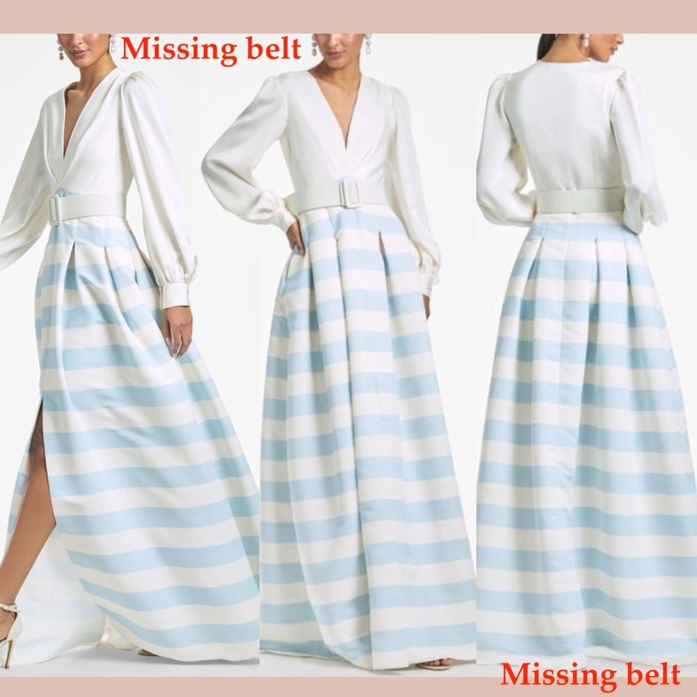NWD $895 SACHIN & BABI [ 10 ] Zoe Pleated Striped A-line Gown Ivory Blue‎ S2116